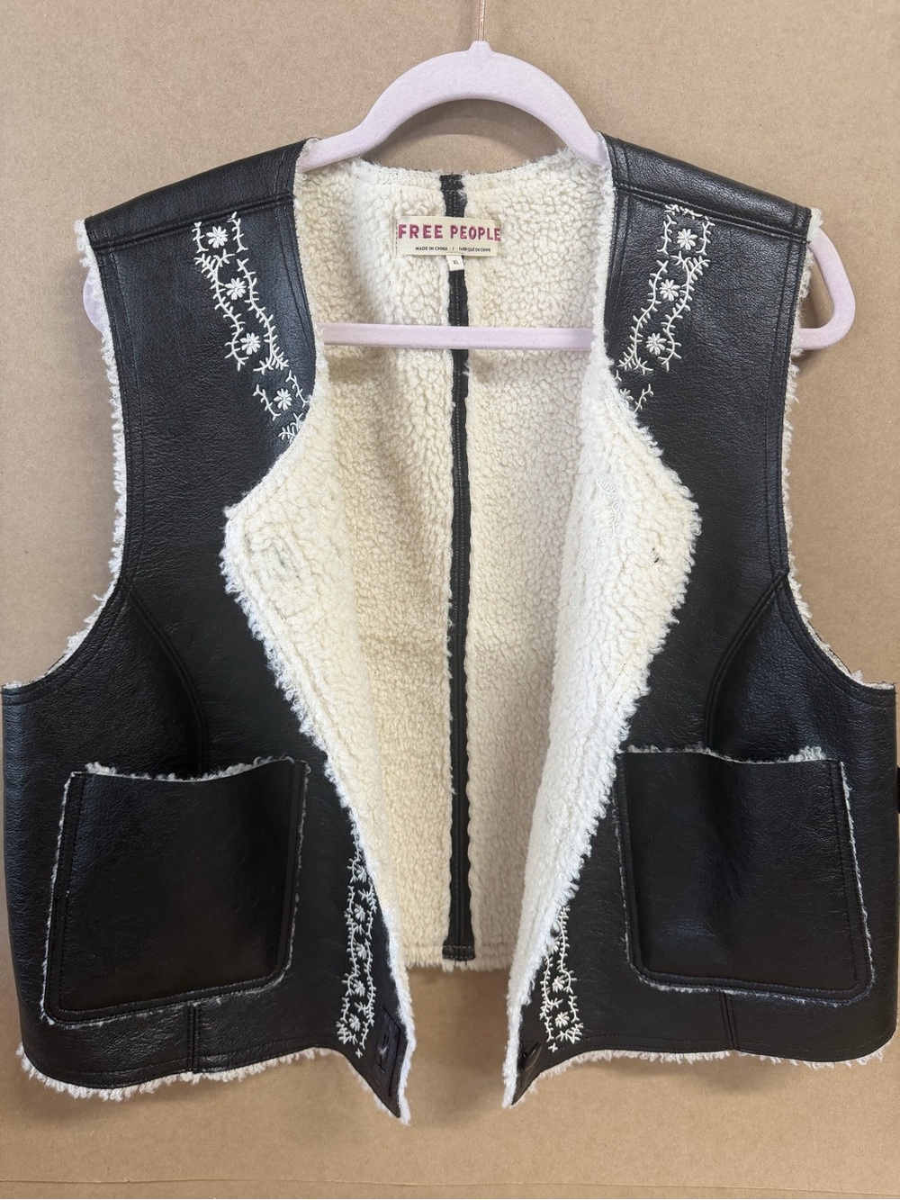 Free People Black Faux-Leather Vest with Cream Sherpa Lining